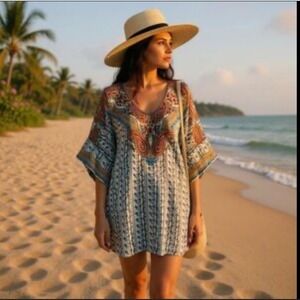 Johnny Was‎ Tunic Top Silk Puente Printed Boho Festival Beach Cover Up Med (F)